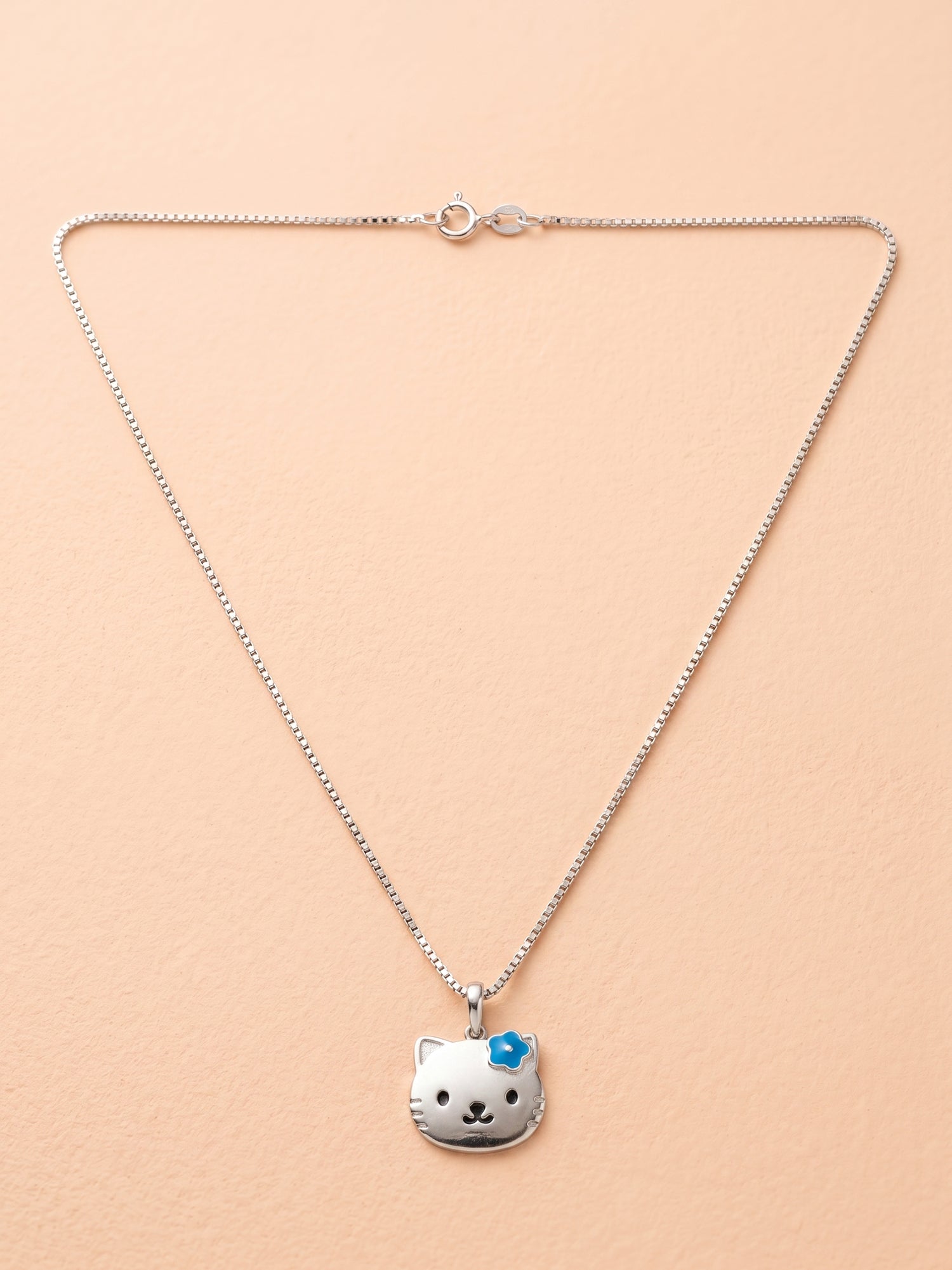 Blue Flower Kitty Face Pendant Necklace for Kids