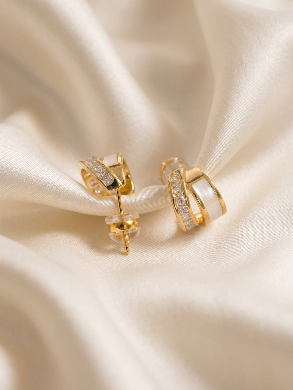 The Luminary Mother-of-Pearl & CZ Dual-Band Huggie Earrings