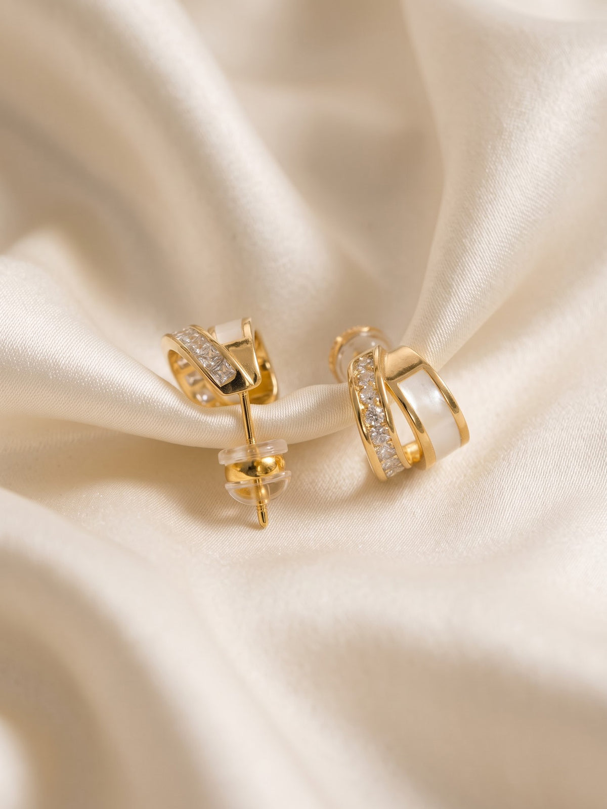 The Luminary Mother-of-Pearl & CZ Dual-Band Huggie Earrings