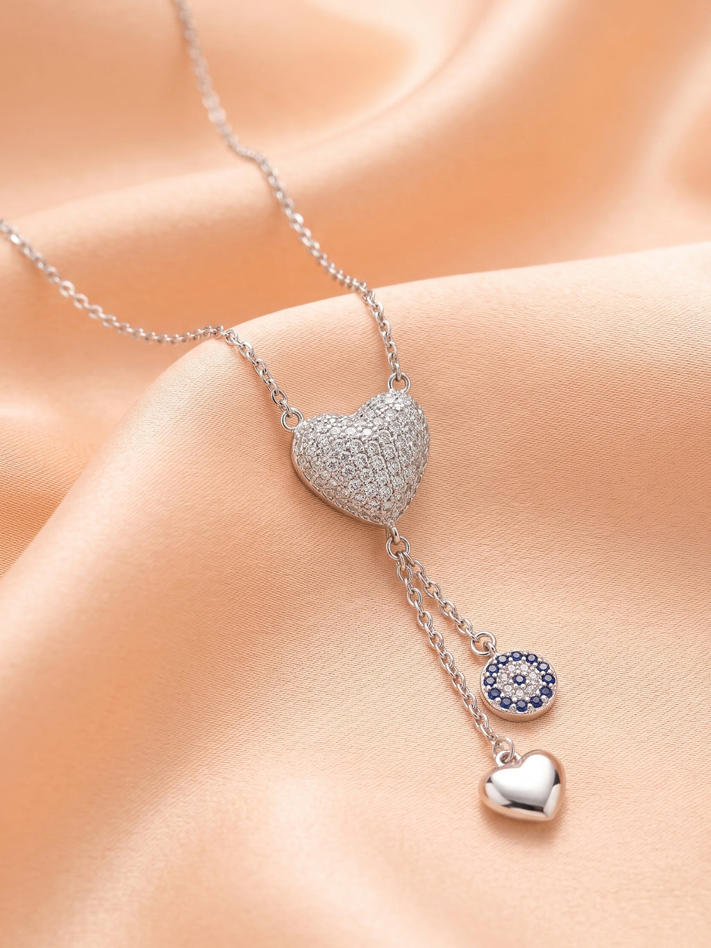 Pavé Heart & Evil Eye Lariat Necklace