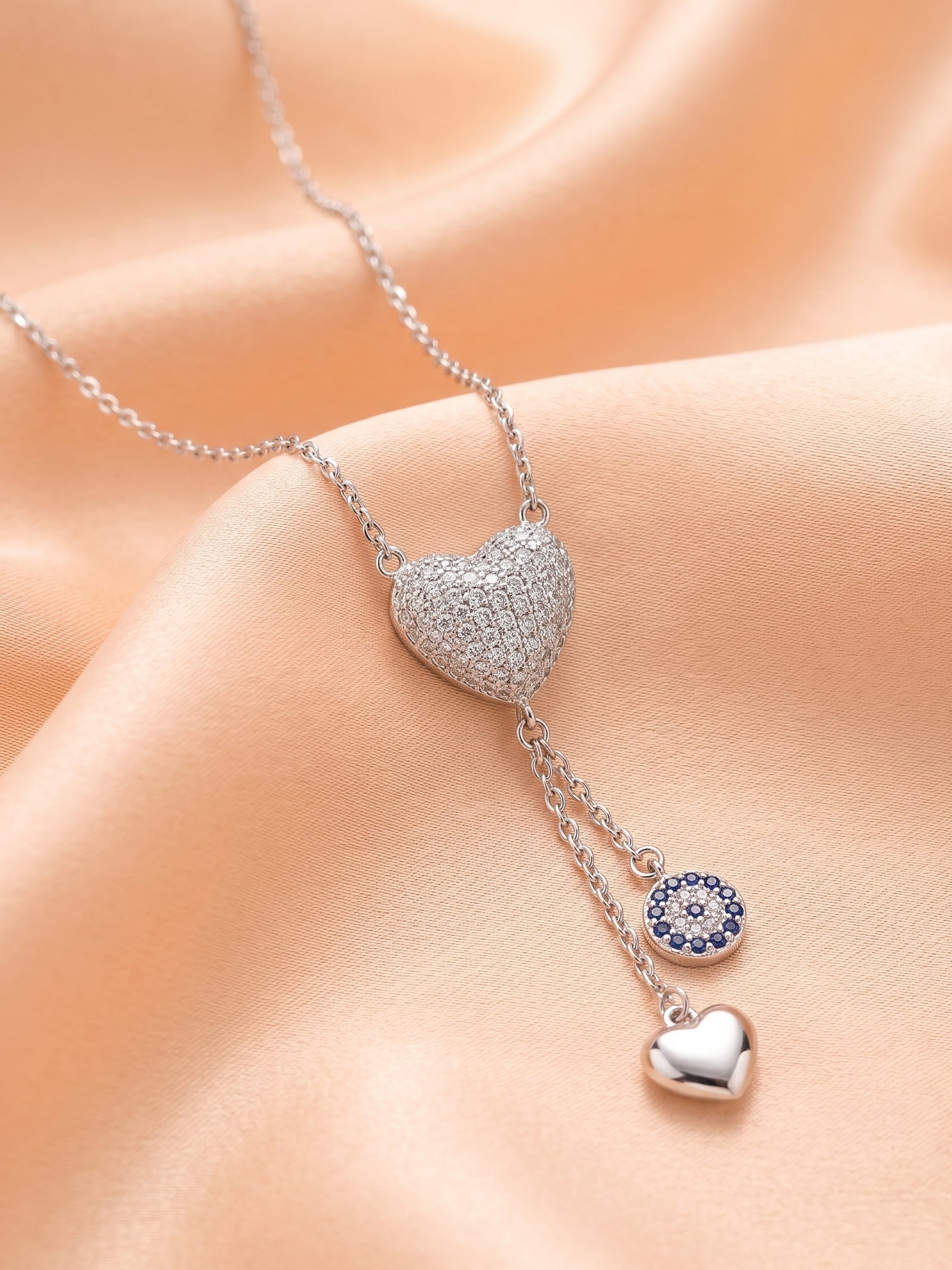 Pavé Heart & Evil Eye Lariat Necklace