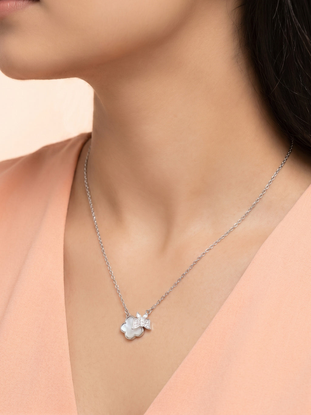 Mother of Pearl Clover & CZ Butterfly Pendant Necklace