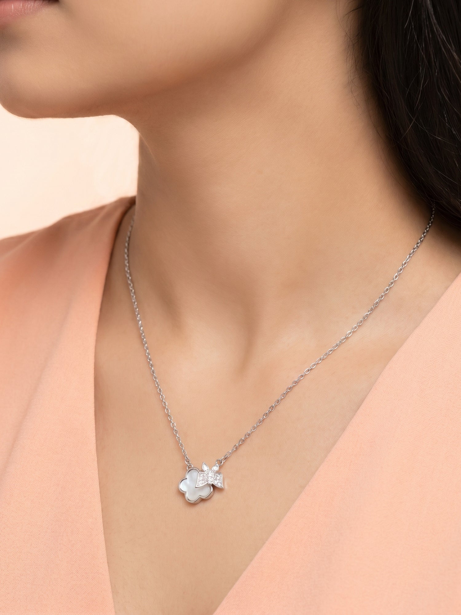 Mother of Pearl Clover & CZ Butterfly Pendant Necklace
