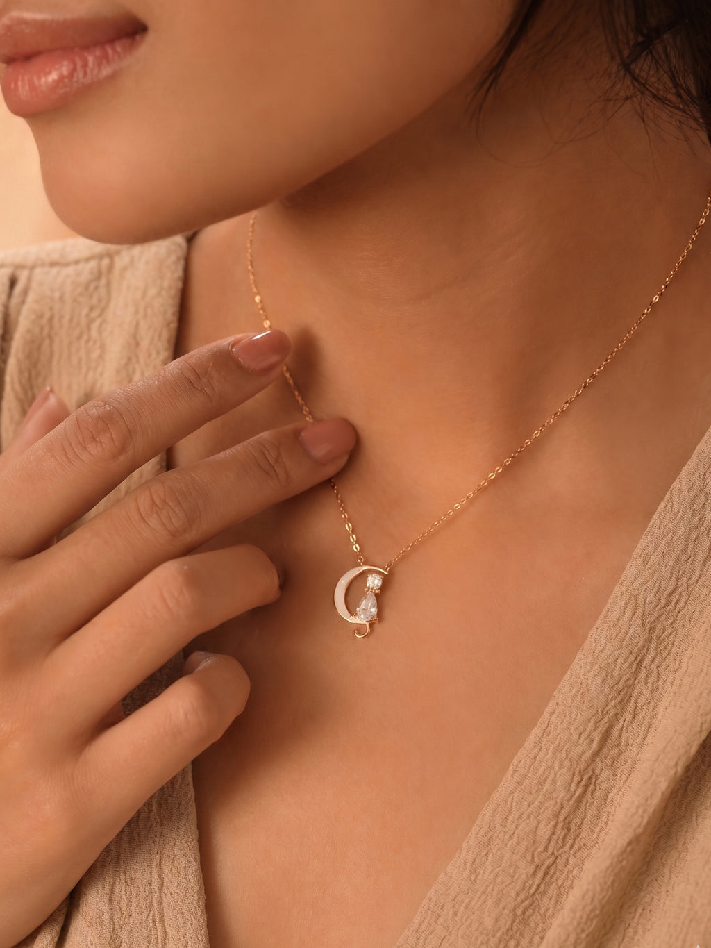 Roseate Celestial Cat & Crescent Moon Pendant Necklace