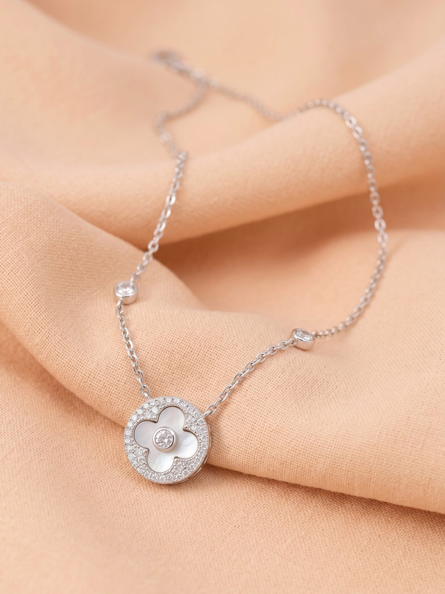 Mother of Pearl Clover & CZ Halo Disc Necklace