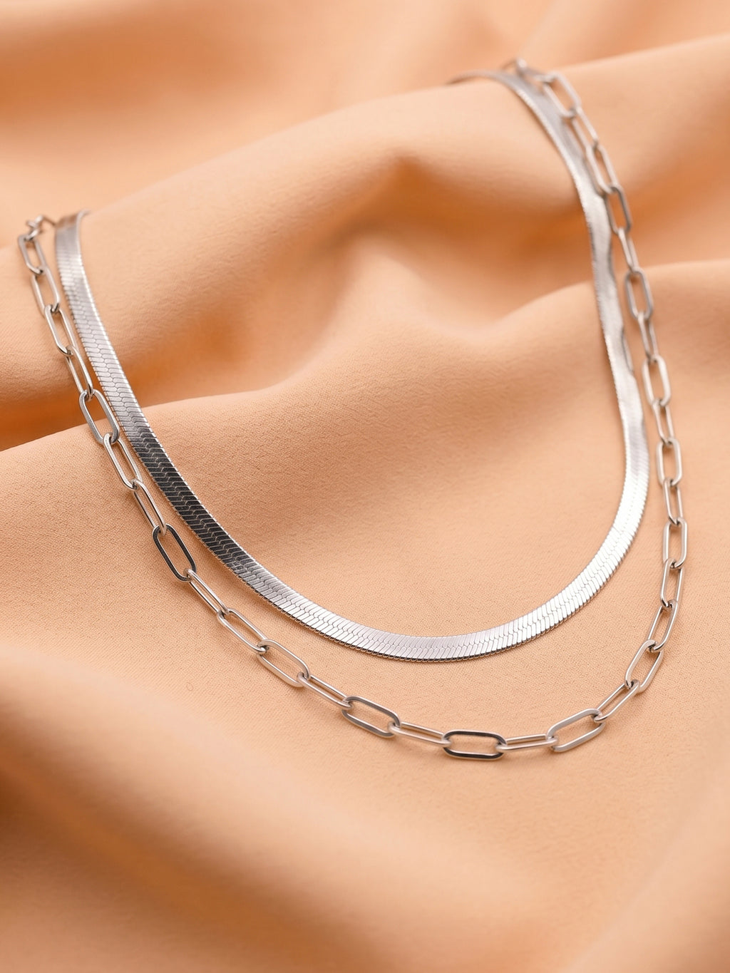 Herringbone & Paperclip Double Layer Chain Necklace in Silver