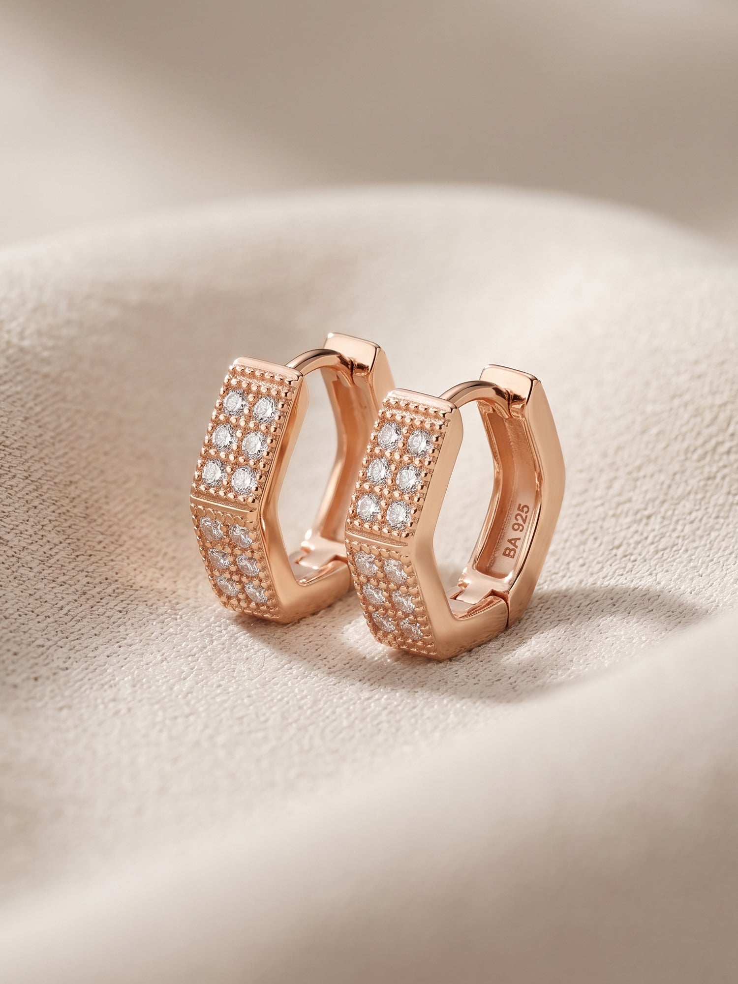 Hexagonal Pavé Cubic Zirconia Rose Gold Huggie Earrings