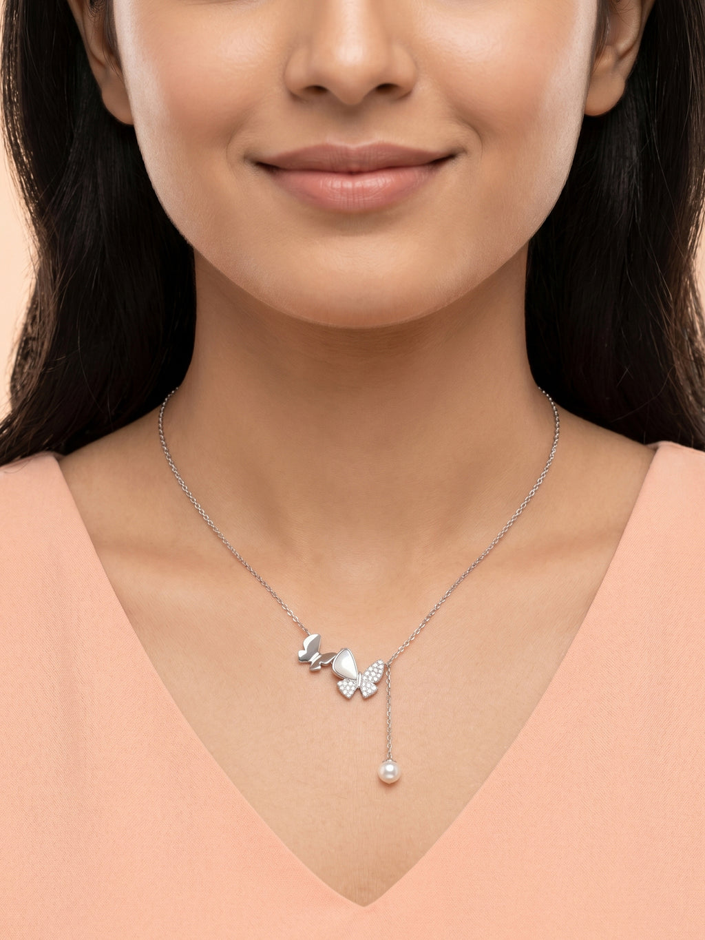 Silver Shimmering Butterfly & Pearl Lariat Necklace