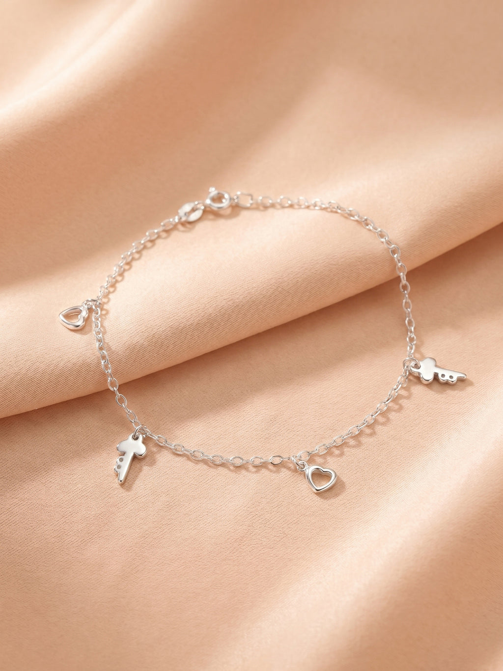 Heart & Key Charm Cable Chain Bracelet