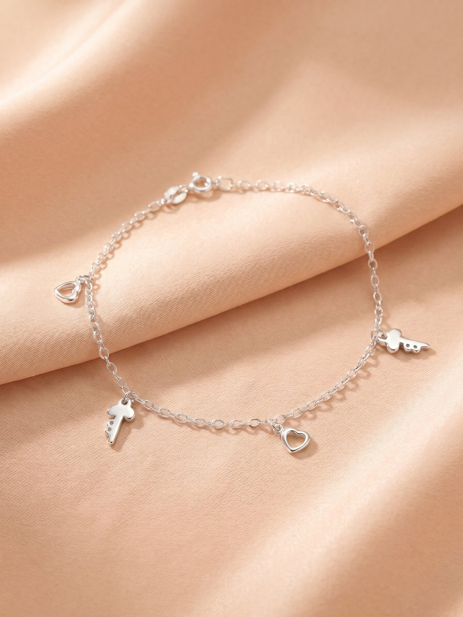 Heart & Key Charm Cable Chain Bracelet
