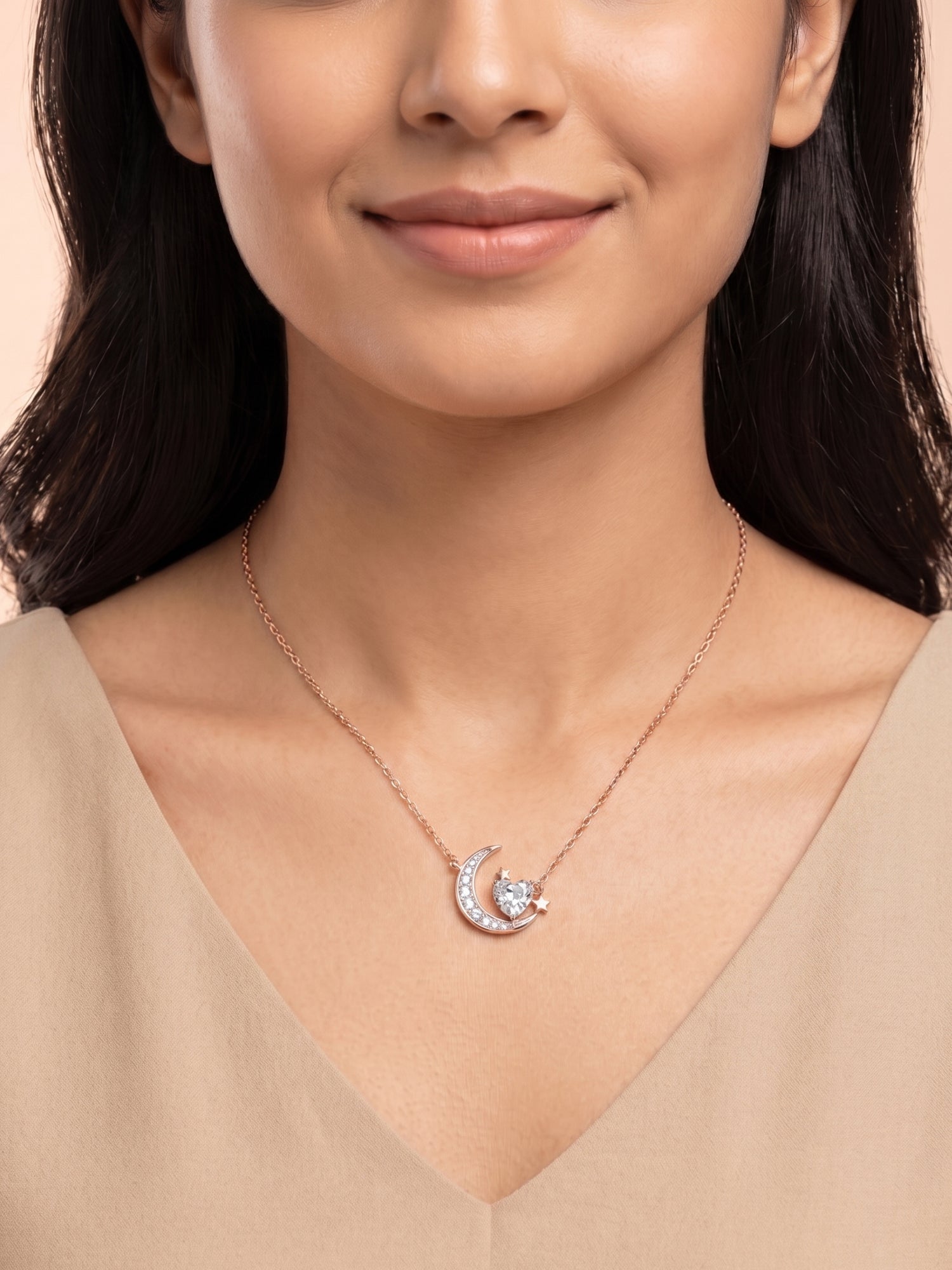 Roseate Shimmering Crescent & Heart Pendant Necklace