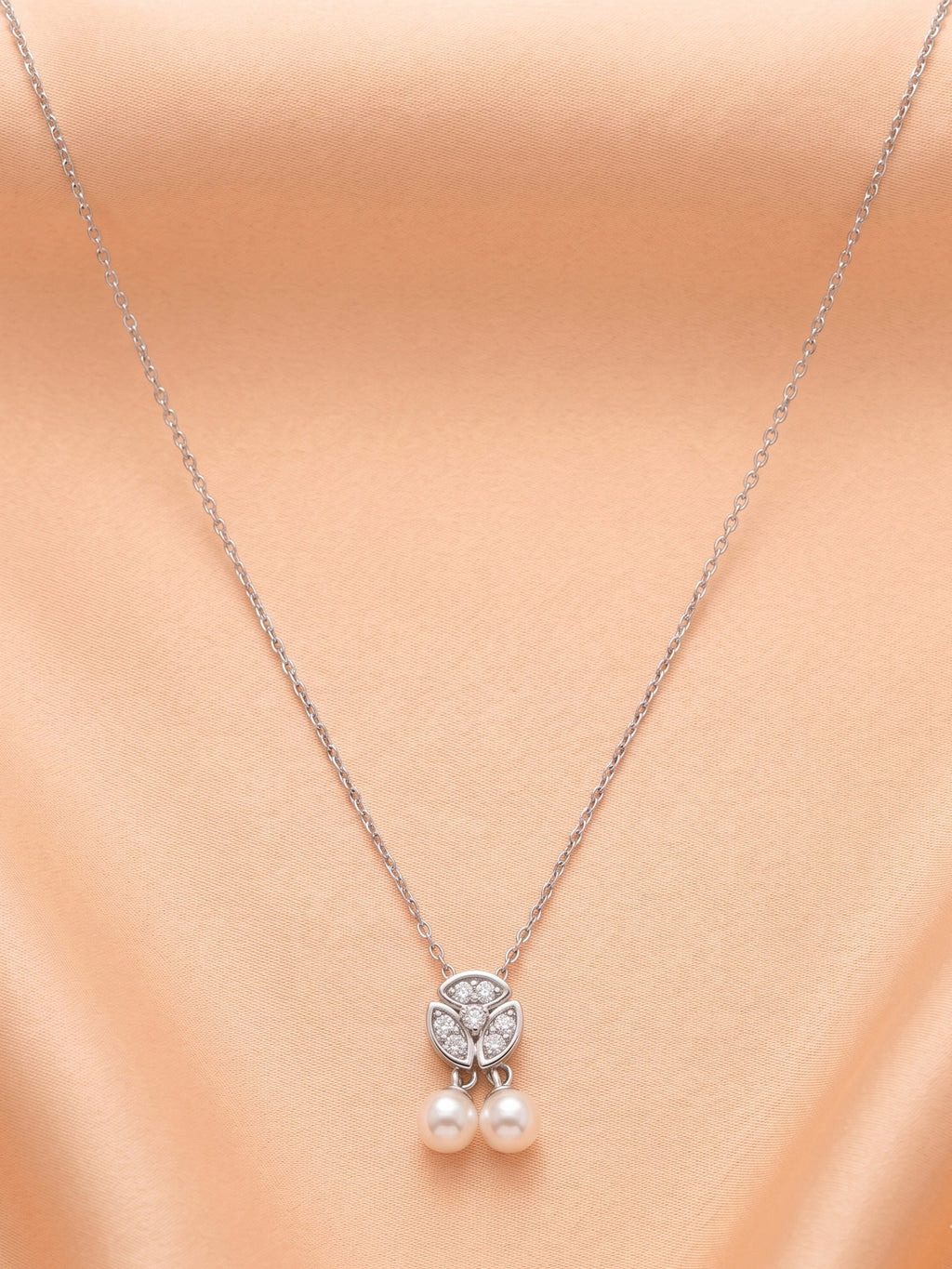 Pavé CZ Trefoil & Freshwater Pearl Double Drop Necklace