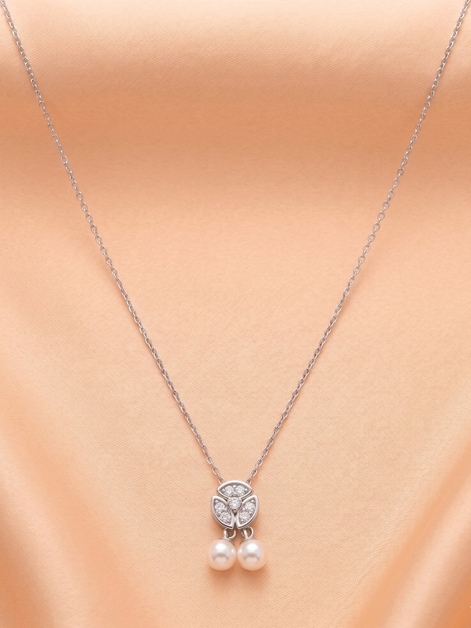 Pavé CZ Trefoil & Freshwater Pearl Double Drop Necklace