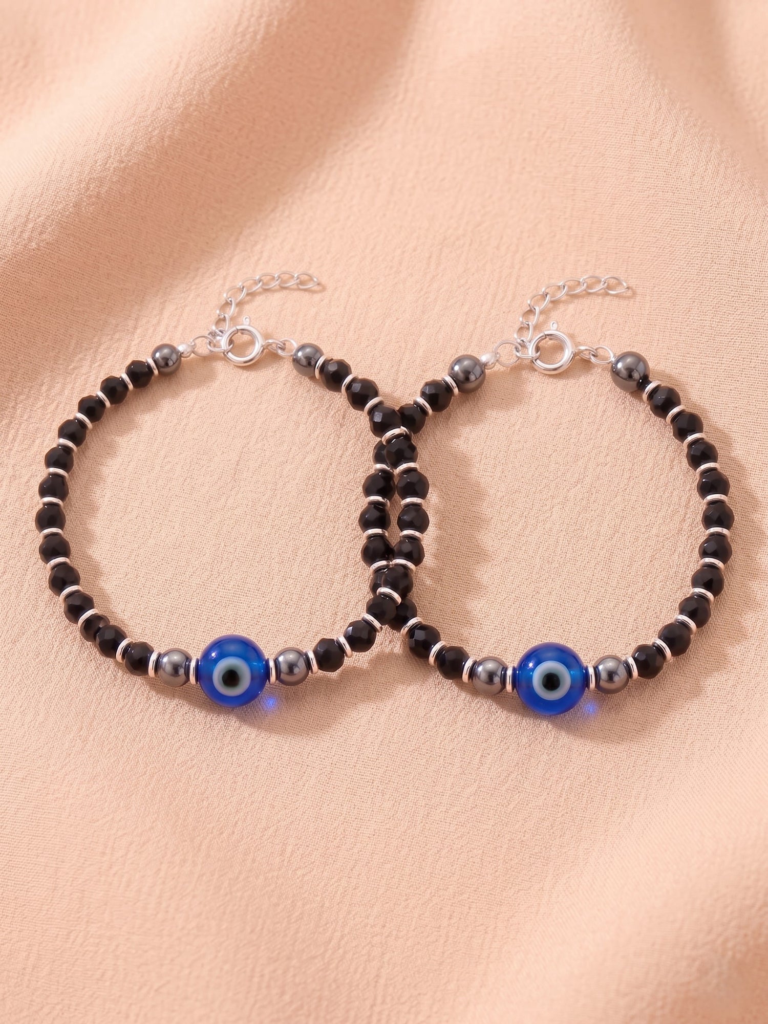 Baby Single Evil Eye Black Crystal Bead Anklet Set of Two