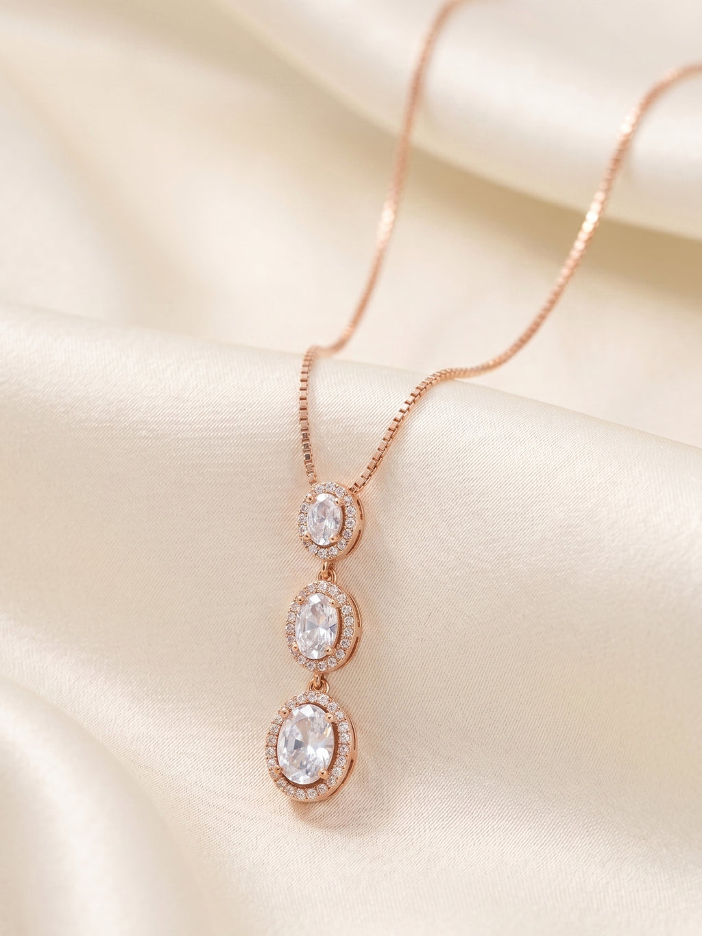 Triple Oval CZ Halo Drop Necklace in Rose Gold