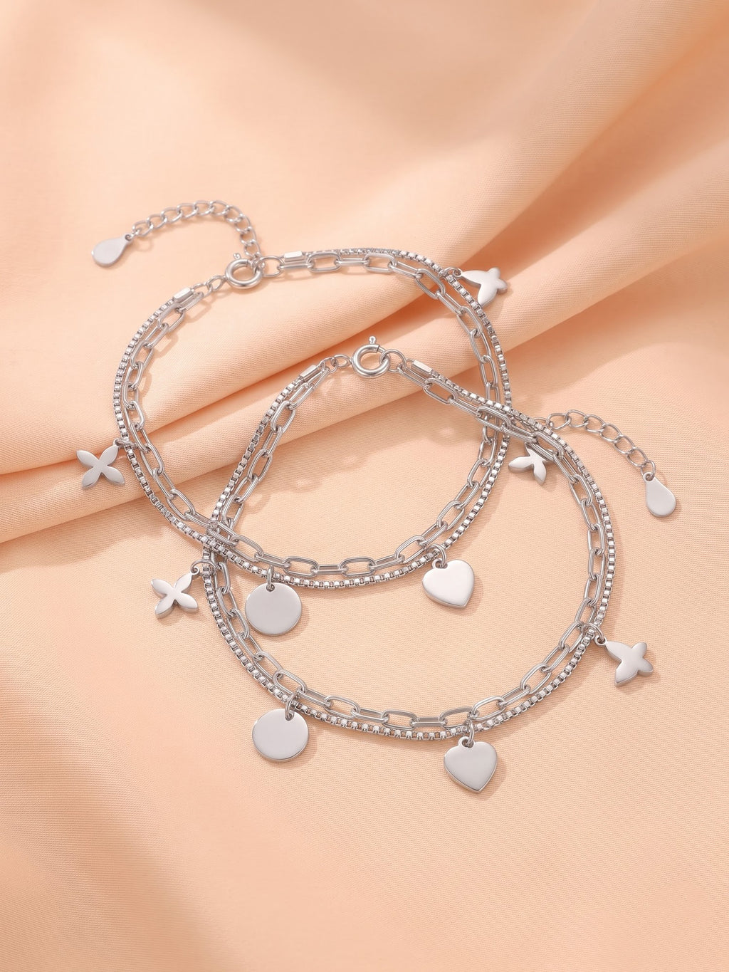 Dual-Layered Charm Anklet Set with Heart, Disc & Floral Motifs