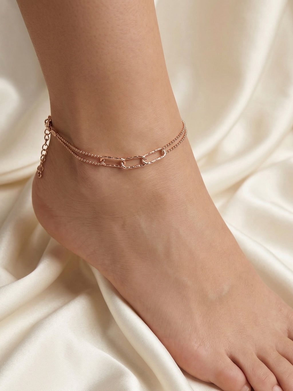 Roseate Textured Link Double Chain Anklet