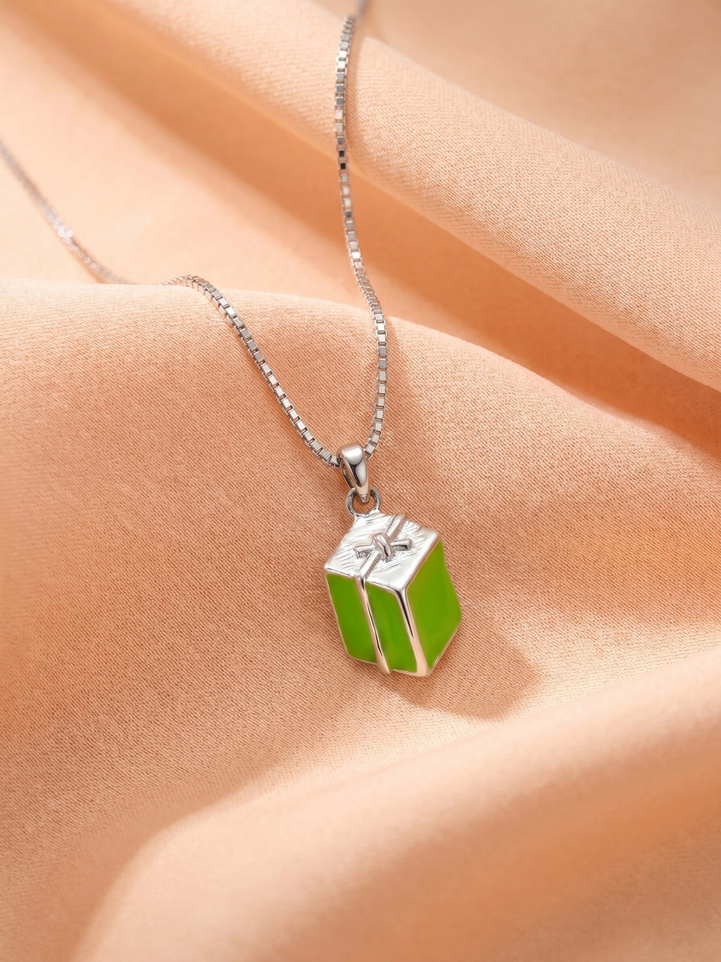 Kids Lime Green Enamel Gift Box Pendant Necklace