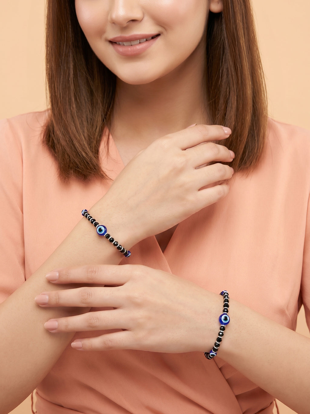 Triple Evil Eye Black Crystal Bead Bracelet Set of Two