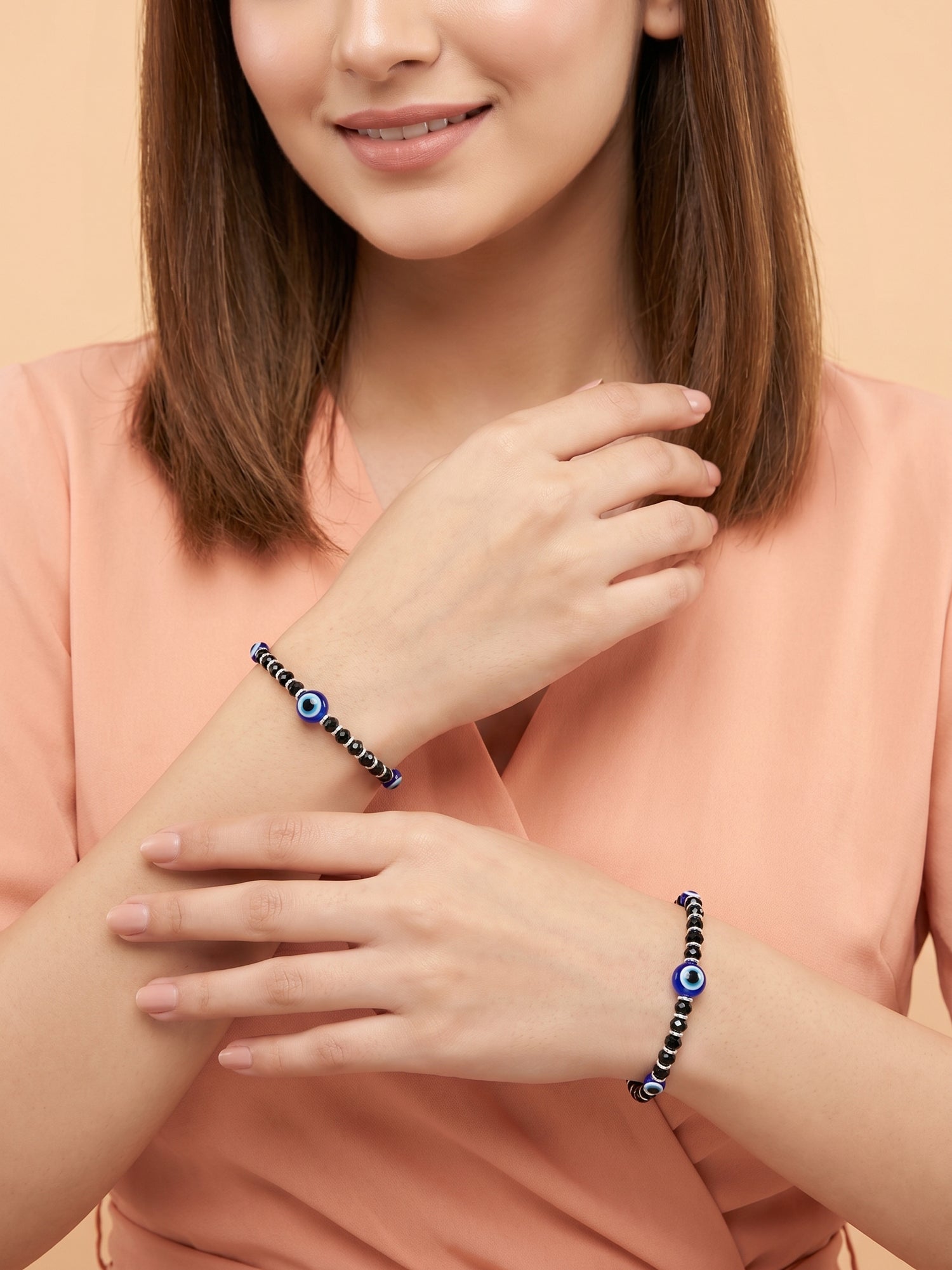 Triple Evil Eye Black Crystal Bead Bracelet Set of Two