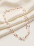 Triple Strand Floating Pearl Station Necklace in Rose Gold