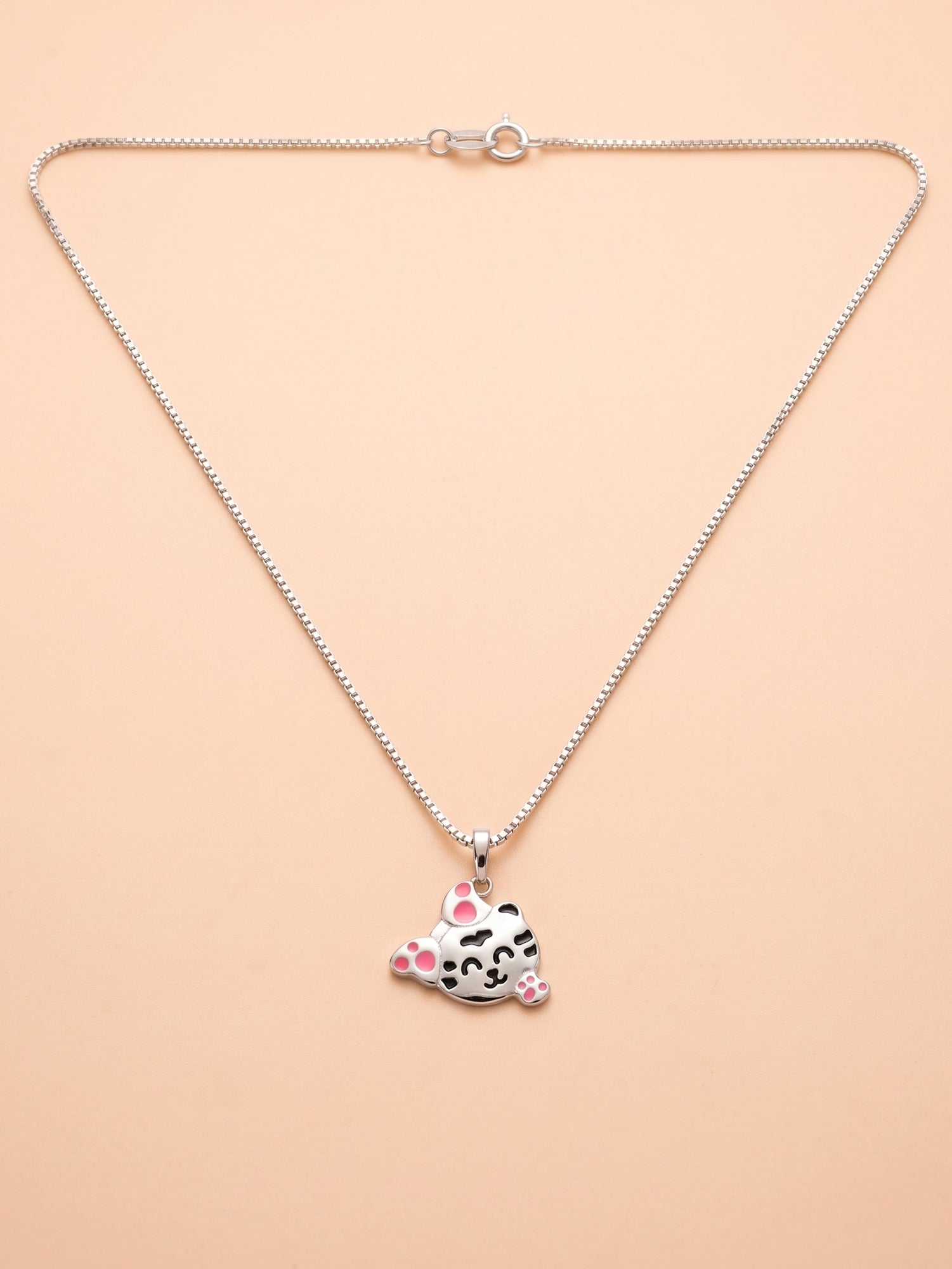 Happy Cat Face Pink Paw Pendant Necklace for Kids