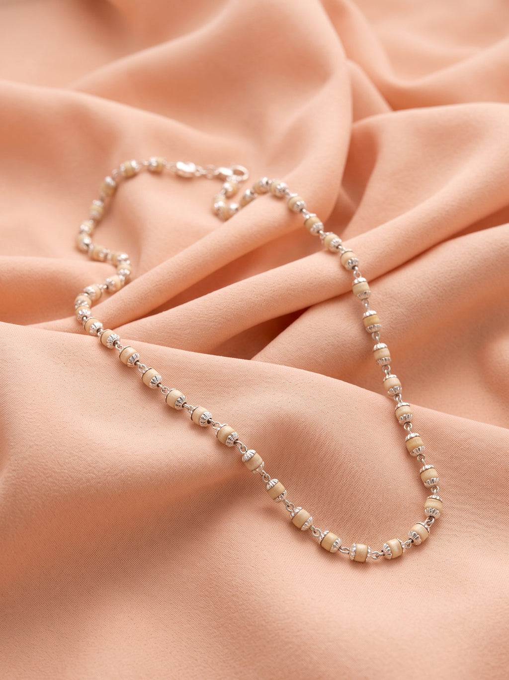 Vedic Aura: Authentic Tulsi Mala Chain with Textured Silver Caps