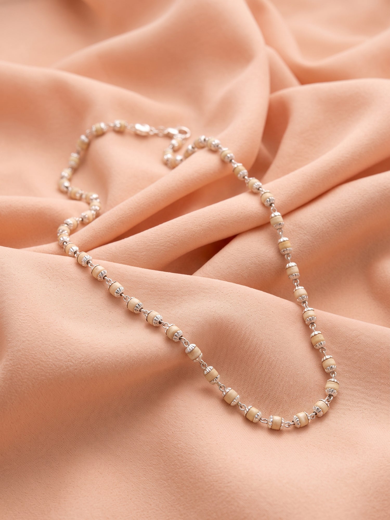 Vedic Aura: Authentic Tulsi Mala Chain with Textured Silver Caps