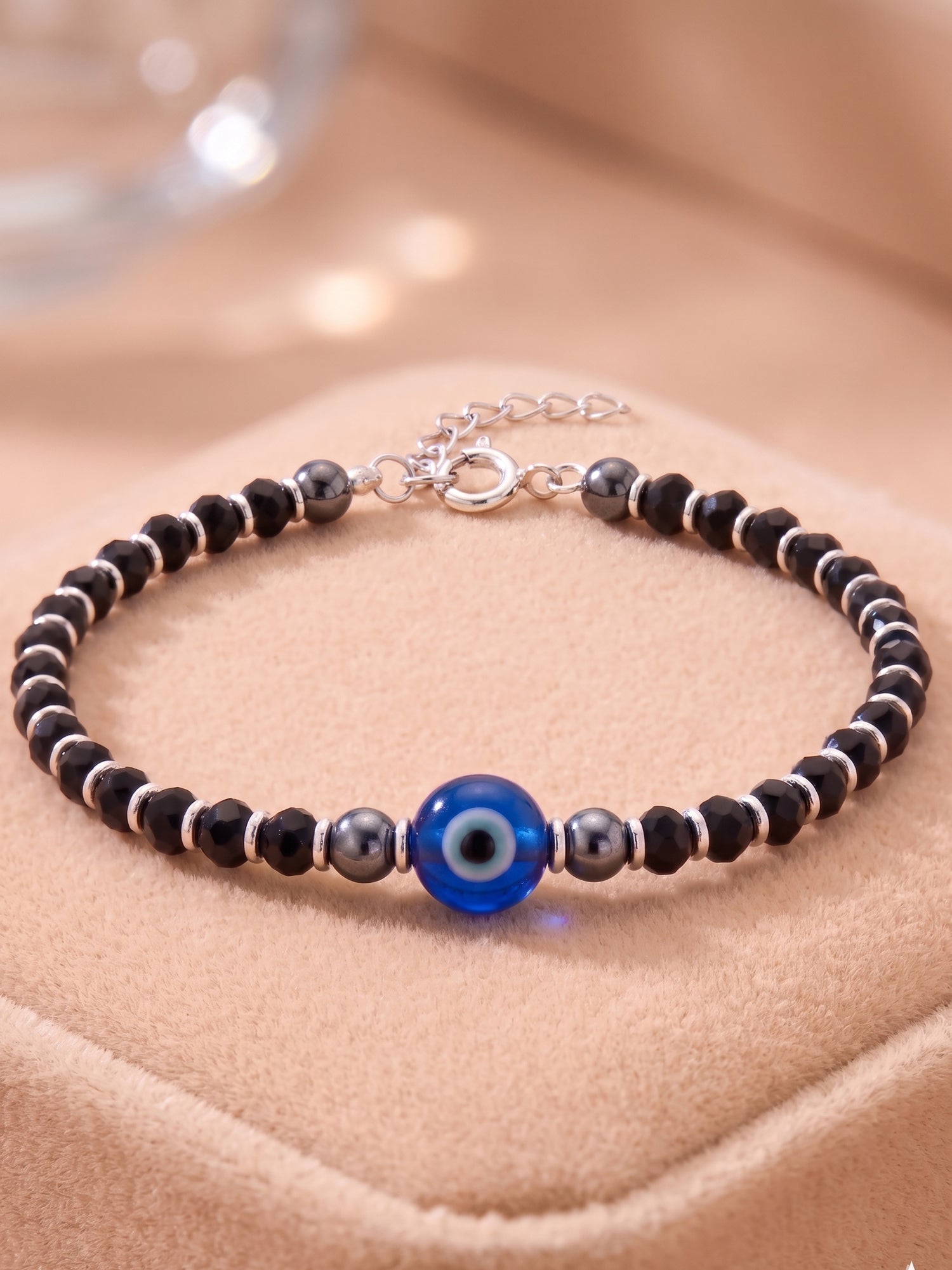 Evil Eye Black Crystal & Hematite Beaded Bracelet