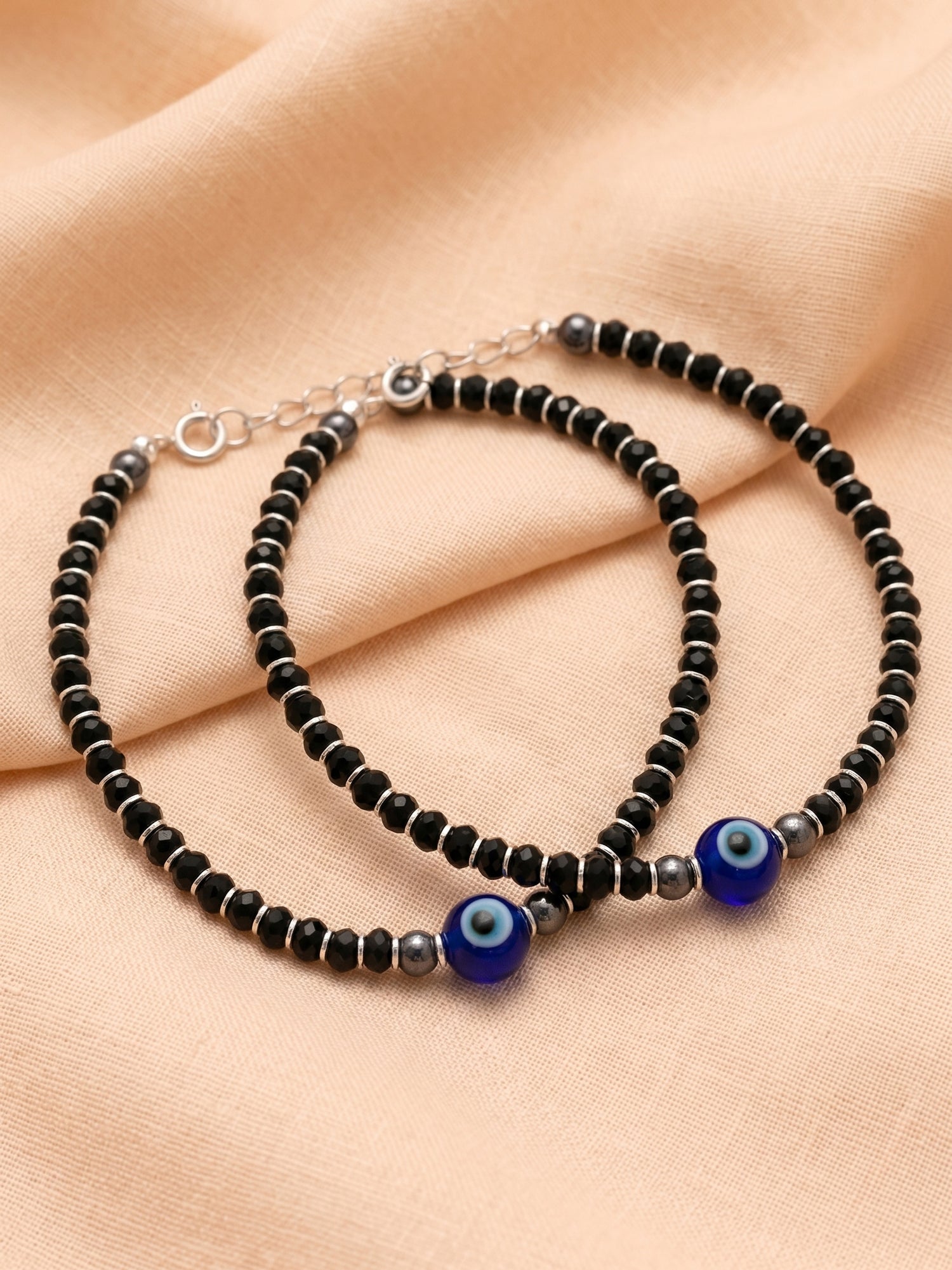 Single Evil Eye Black Crystal Bead Bracelet Set of Two
