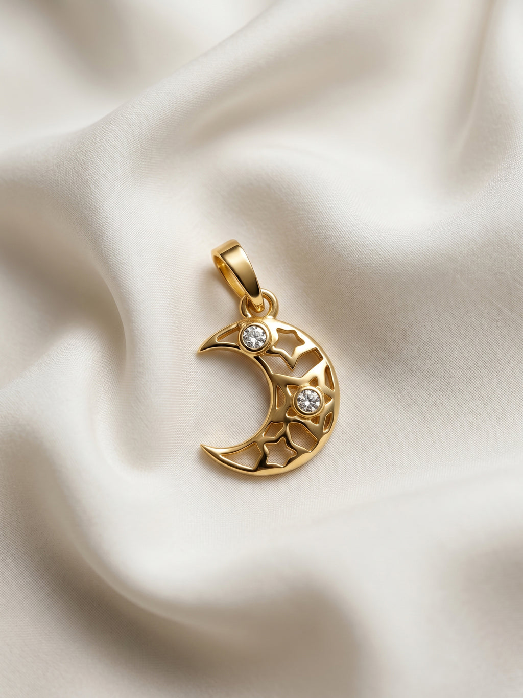 Crescent Moon Star CZ Gold Pendant