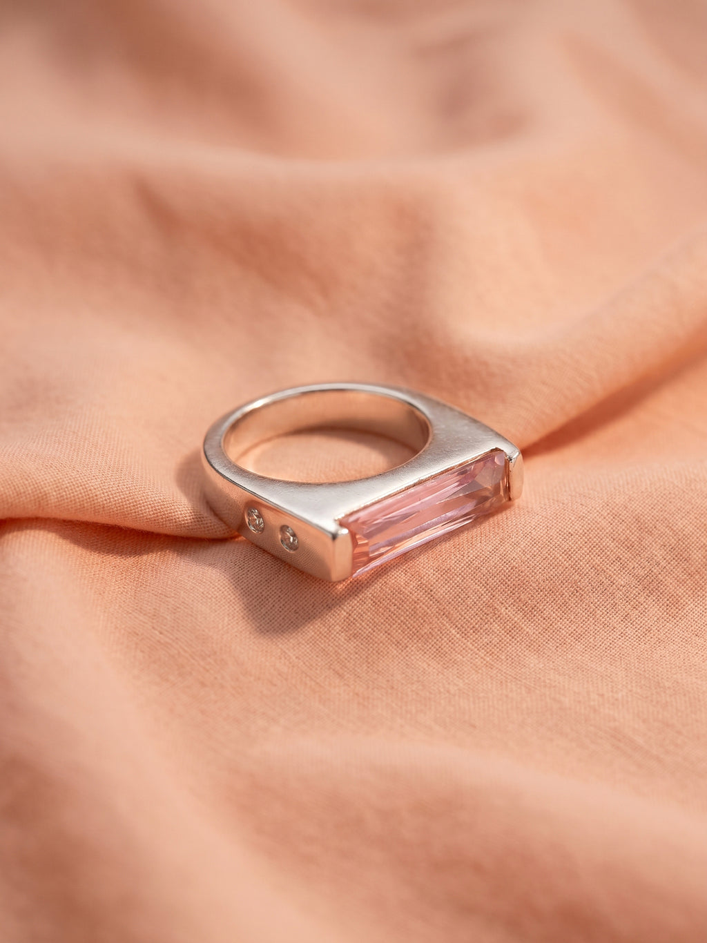 Pink Baguette Signet Ring with Side Stone Detail
