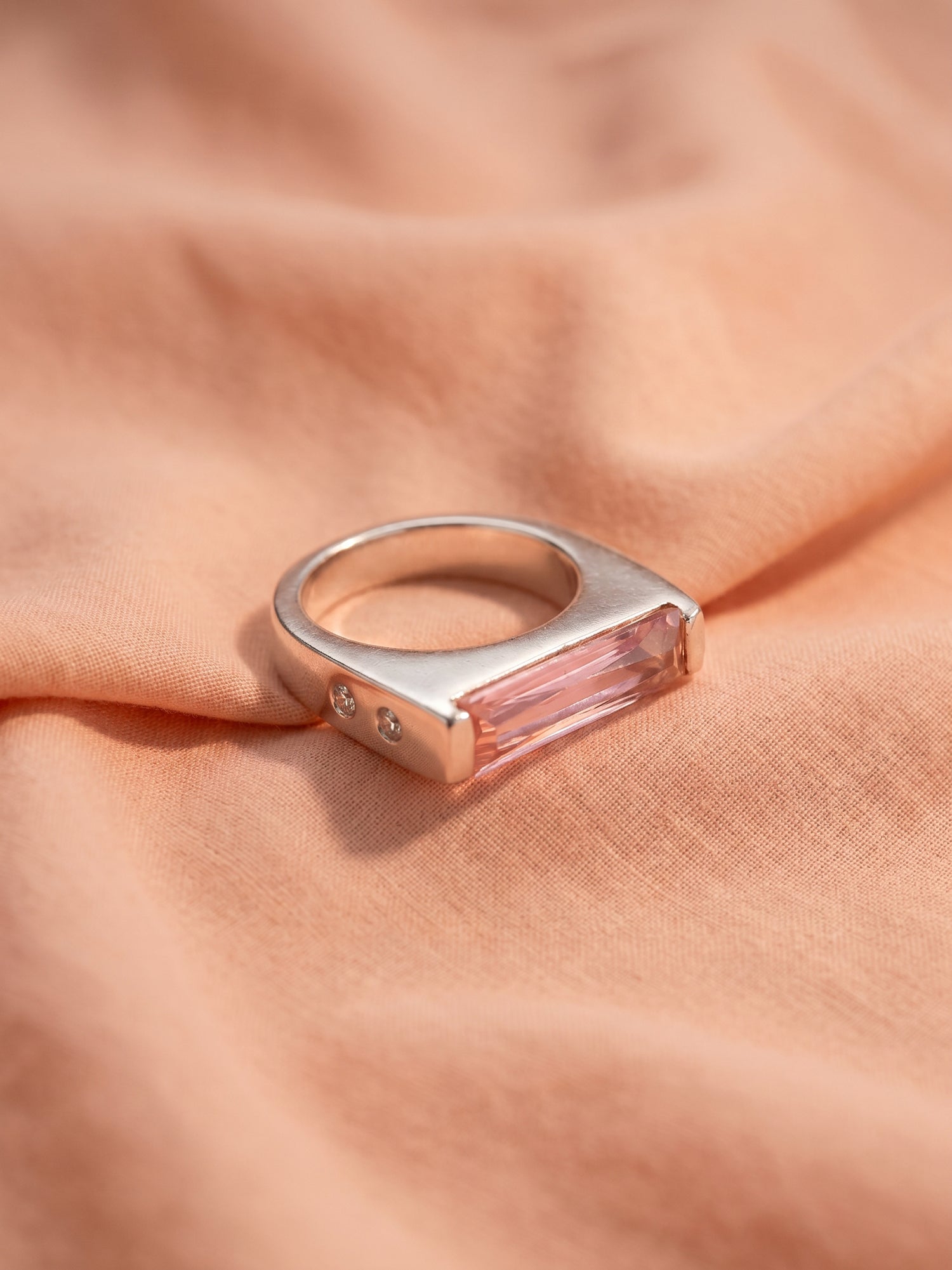 Pink Baguette Signet Ring with Side Stone Detail