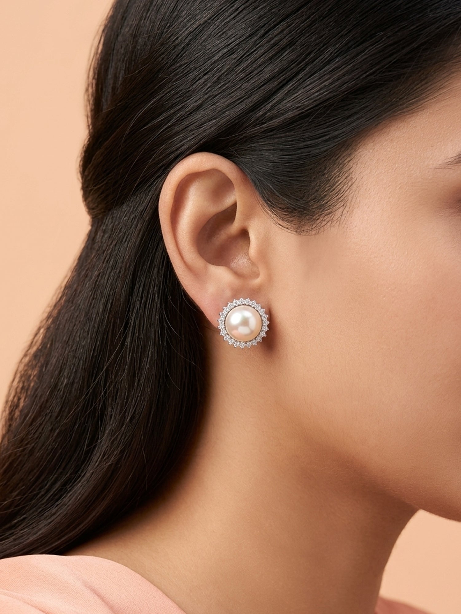 Pearl & Full Pavé CZ Sunburst Halo Stud Earrings