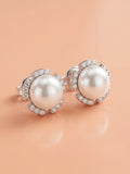 Pearl & Segmented Pavé CZ Halo Stud Earrings