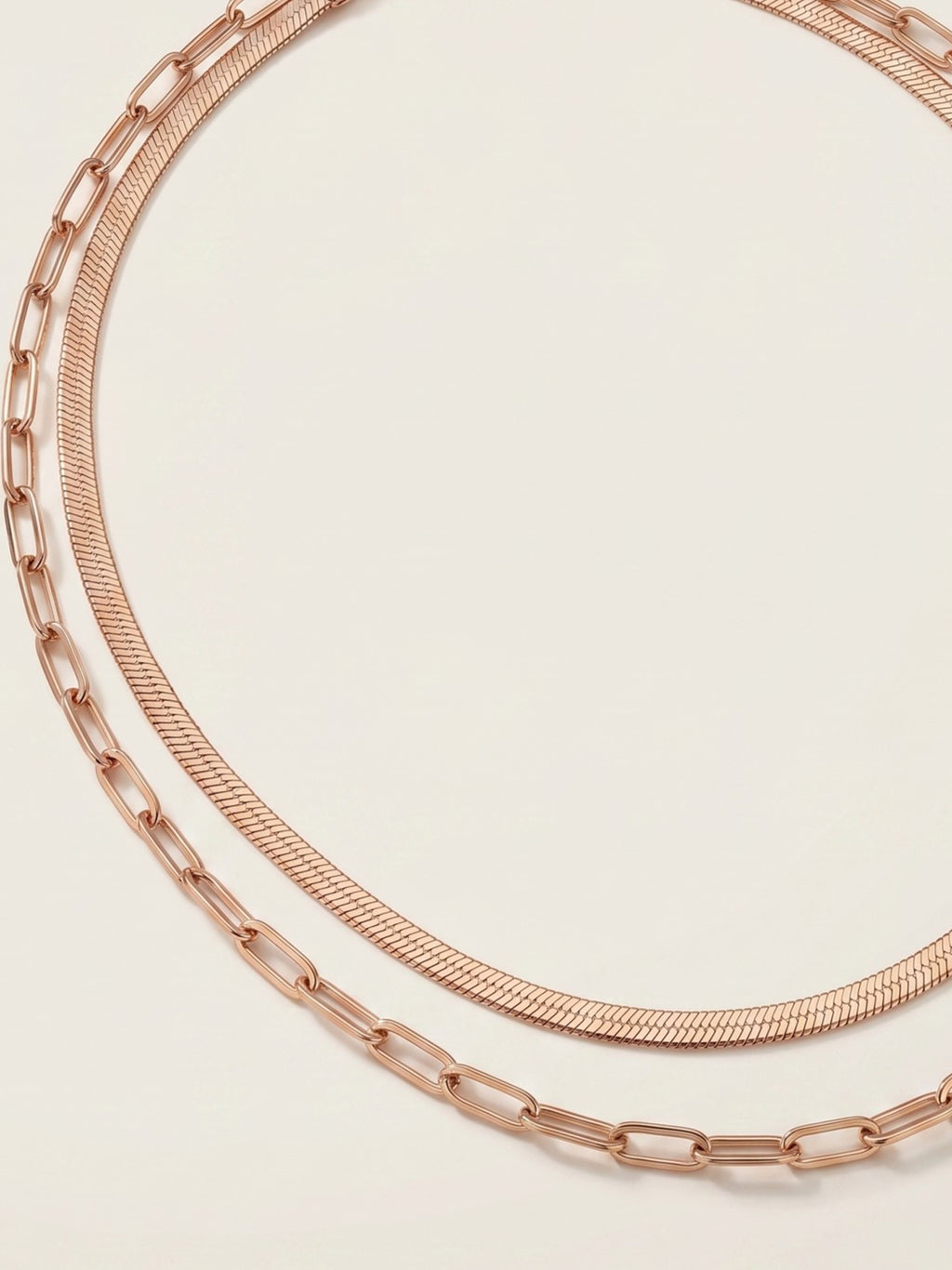 Herringbone & Paperclip Double Layer Chain Necklace in Rose Gold