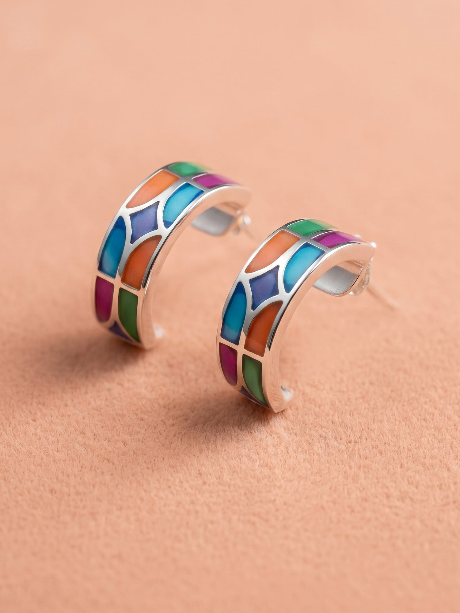 Vibrant Inlay Mosaic Open Hoop Studs