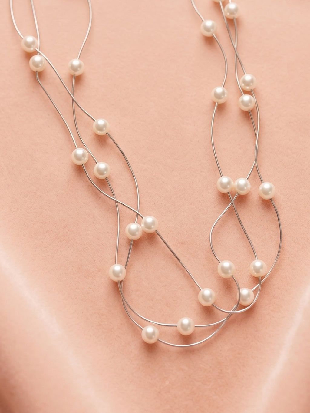 Triple Strand Floating Pearl Station Necklace