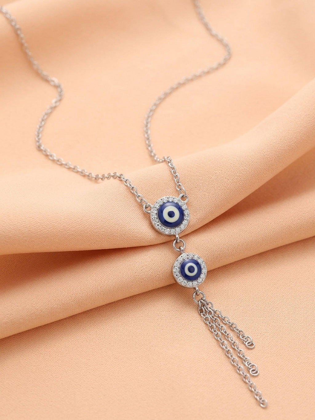 Double Evil Eye CZ Tassel Lariat Necklace