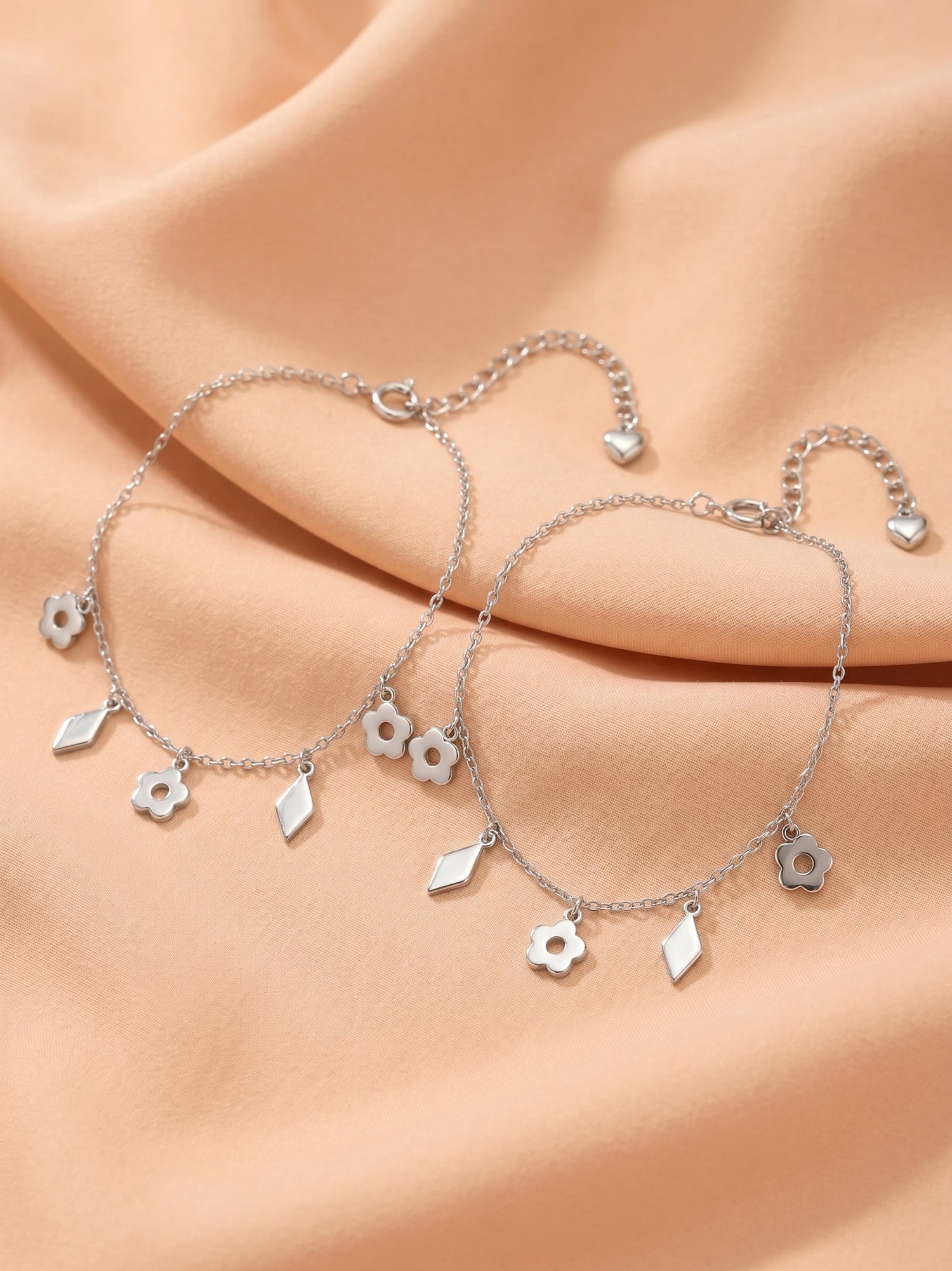 Flower & Diamond Charm Anklets Set of 2