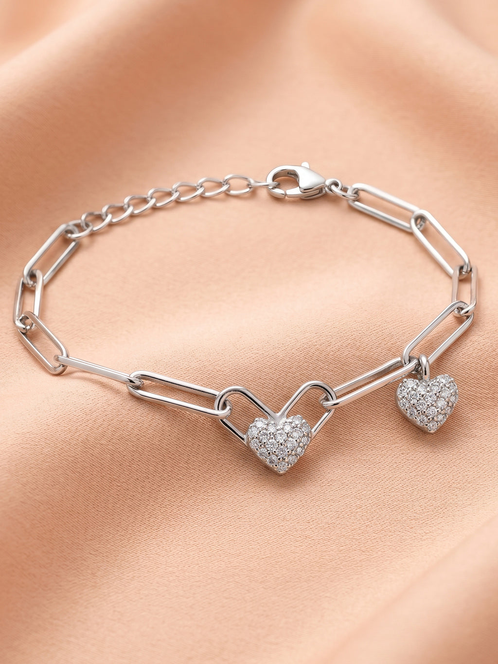Pavé Double Heart Charm Paper Clip Chain Bracelet