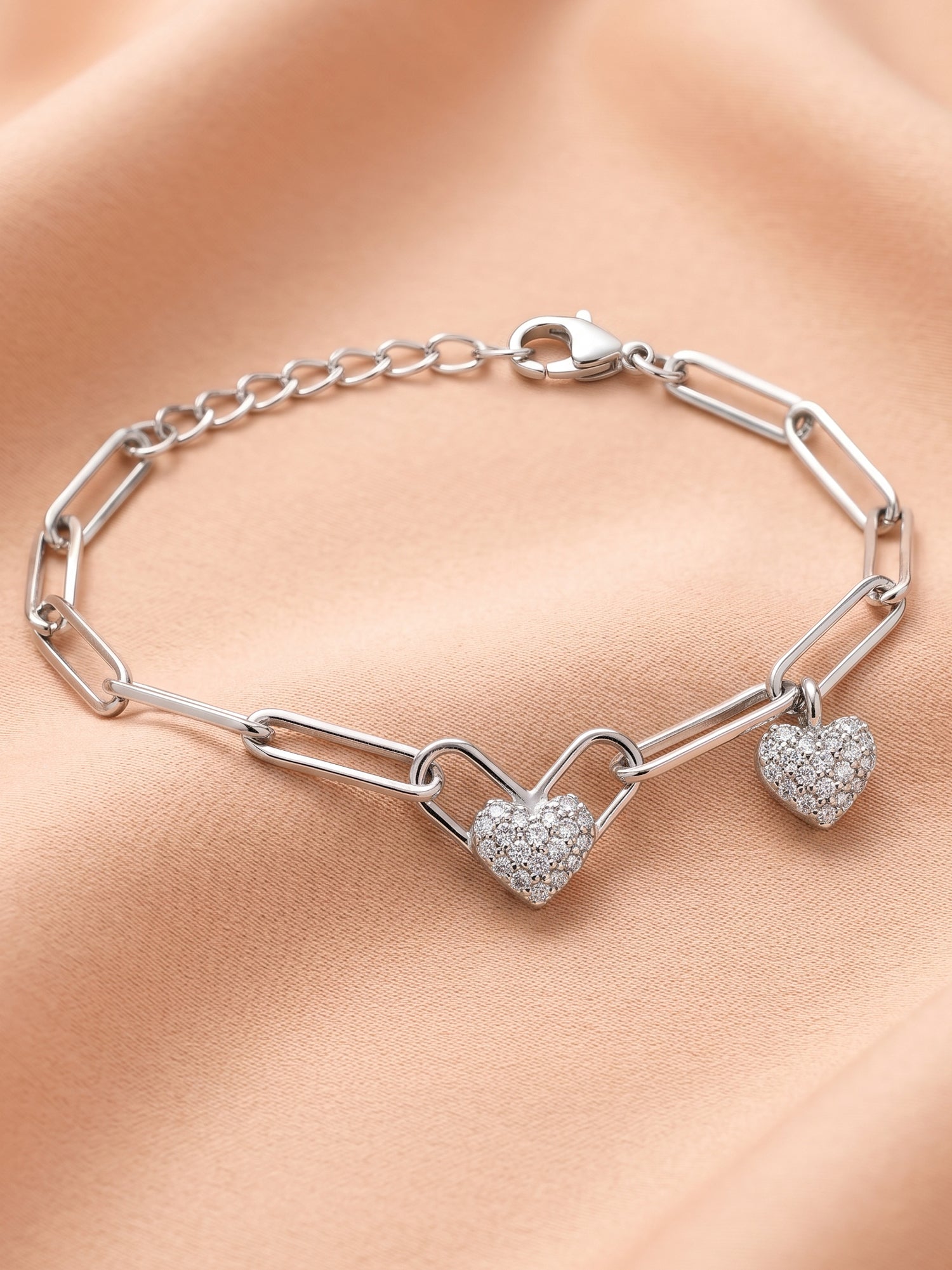 Pavé Double Heart Charm Paper Clip Chain Bracelet