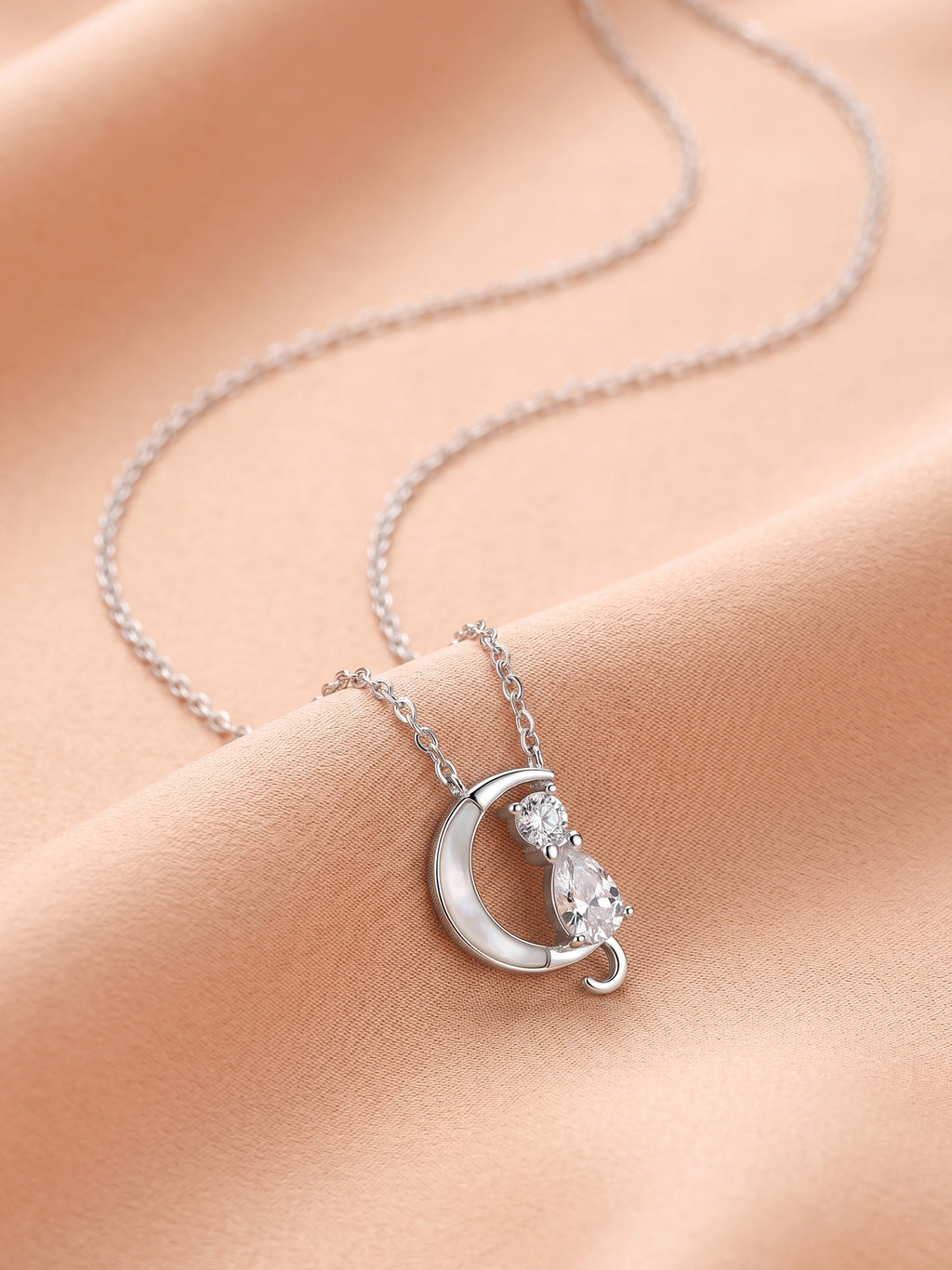Silver Celestial Cat & Crescent Moon Pendant Necklace