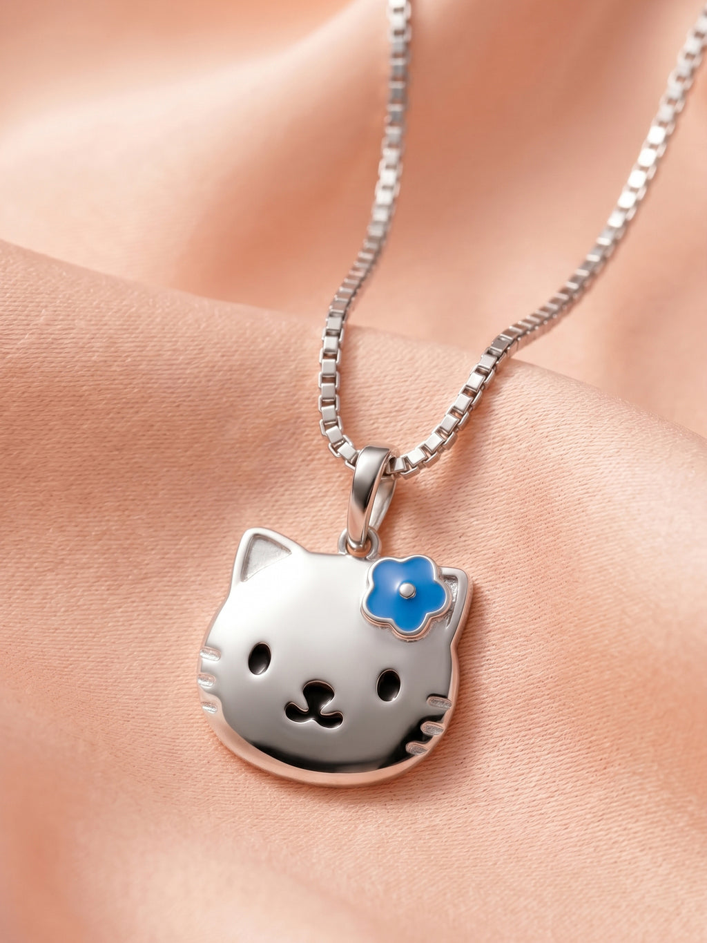 Blue Flower Kitty Face Pendant Necklace for Kids