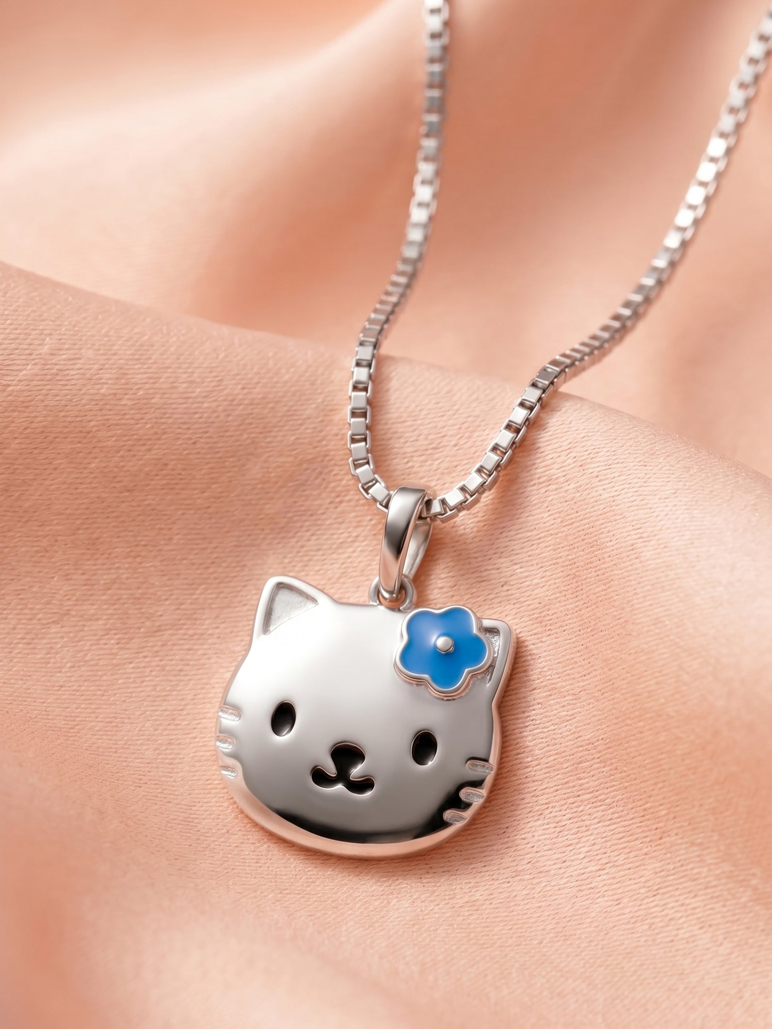 Blue Flower Kitty Face Pendant Necklace for Kids