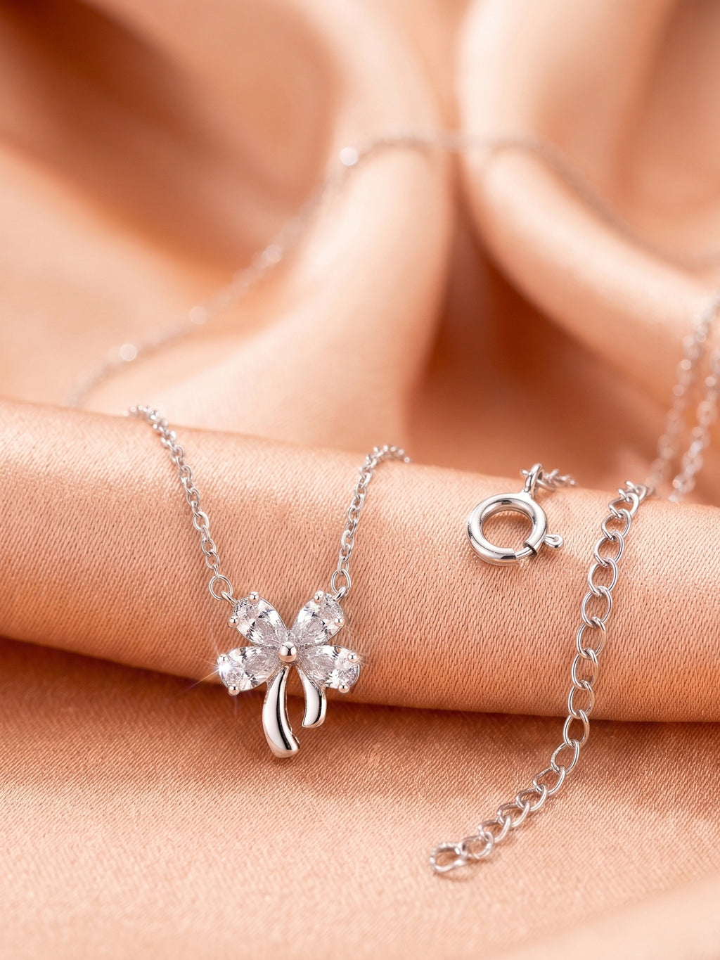 Silver Shimmering Ribbon Bow Pendant Necklace
