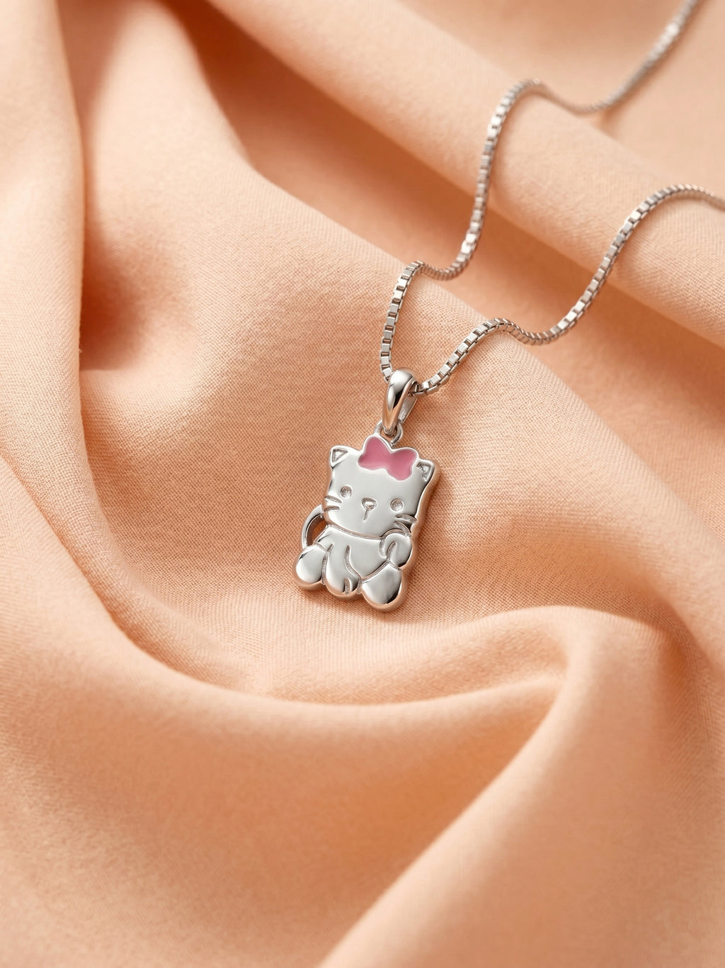 Pink Bow Kitty Cat Pendant Necklace for Kids