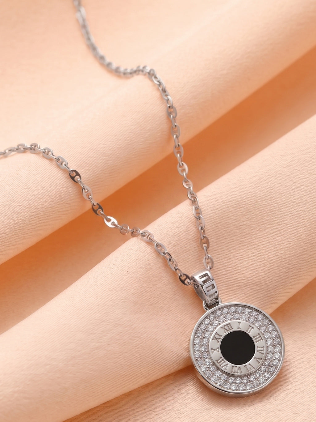 Silver Roman Numeral Shimmering Medallion Necklace