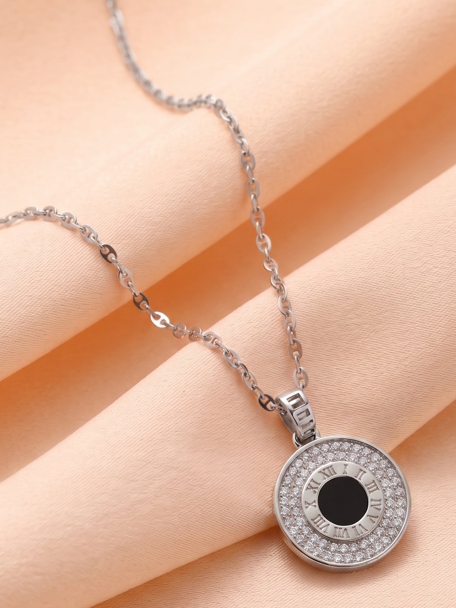 Silver Roman Numeral Shimmering Medallion Necklace