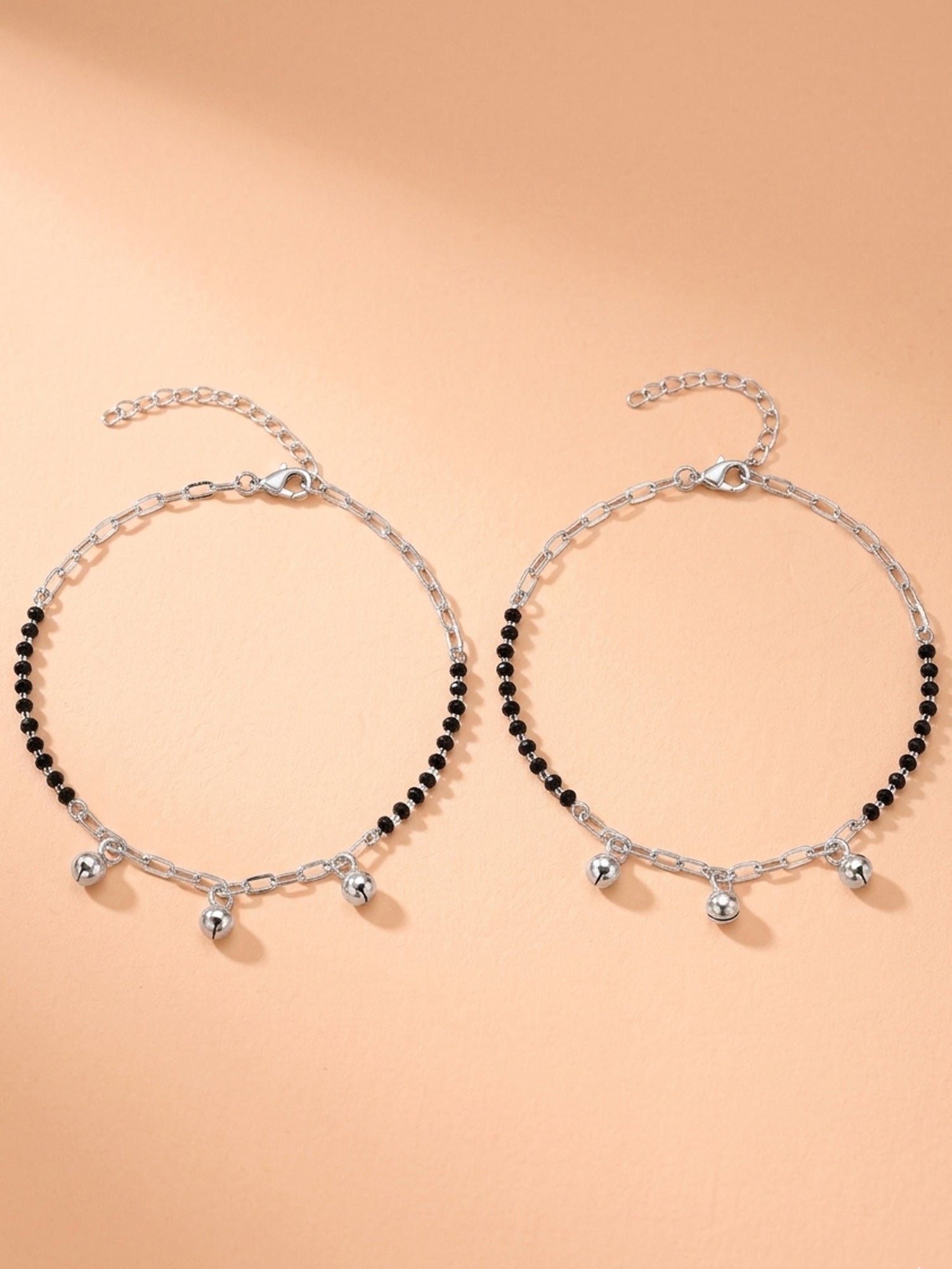 Noir Onyx & Polished Orb Paperclip Anklet Pair